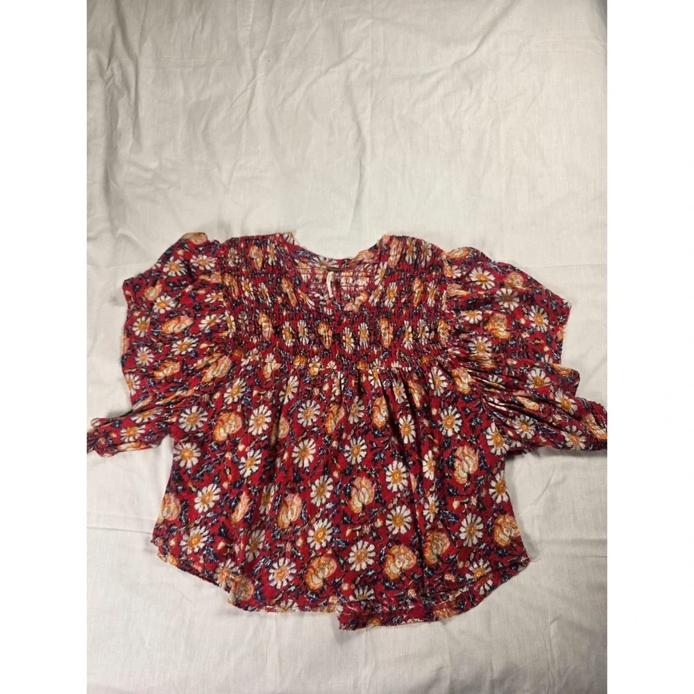 Free People Top Womens Small Red Floral Smocked Puff Sleeve Crop Blouse Boho